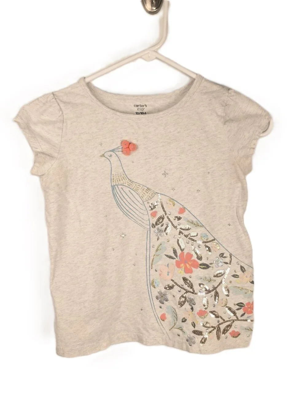 Carter's Peacock Top Girls Size 10 T-Shirt Light Gray Coral Bling Cap Sleeves